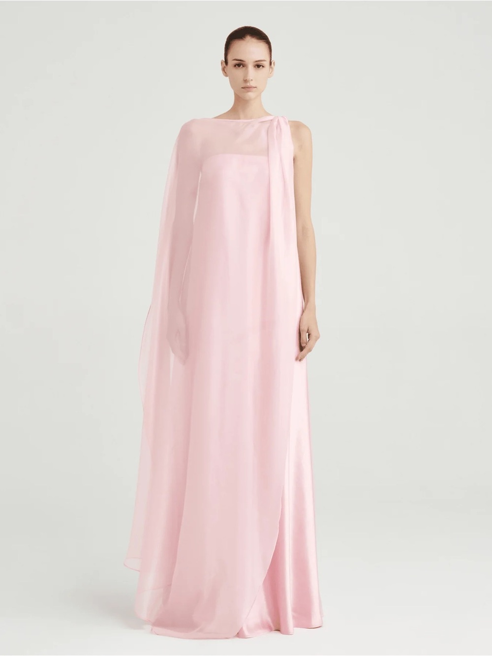 Elegant Pink strapless satin Evening Gown with sheer cape overlay